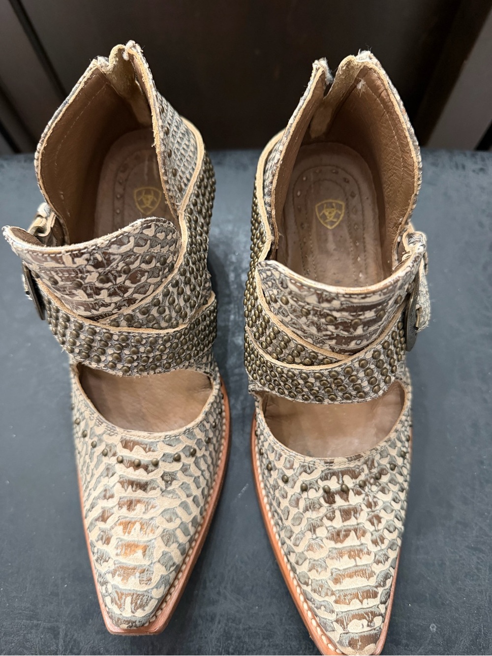 Ariat Beige Snake-Embossed Studded Pointed Toe Heeled Boots